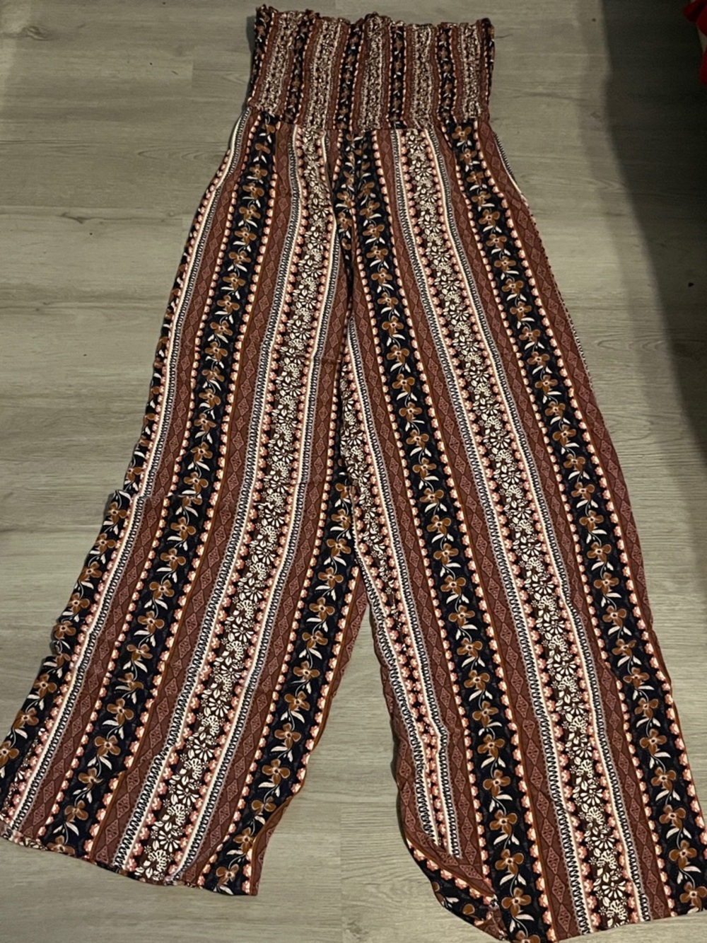 Smocked Waist Floral Stripe Wide-Leg Jumpsuit - Rust Multi